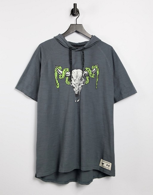 Under Armour Training x Project Rock short sleeve hooded t-shirt with print in grey