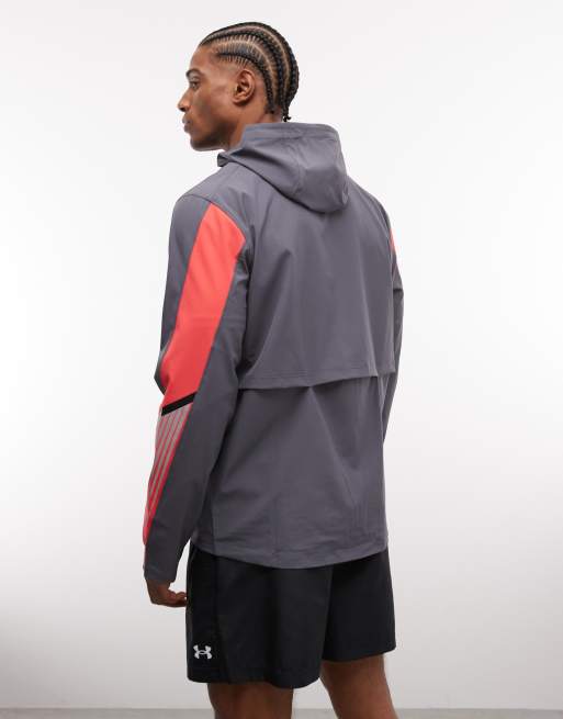 Under Armour Velociti Storm hooded running jacket in castlerock grey and racer red, 2 of 5