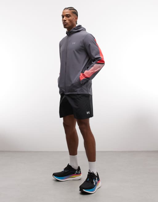 Under Armour Velociti Storm hooded running jacket in castlerock grey and racer red, 3 of 5