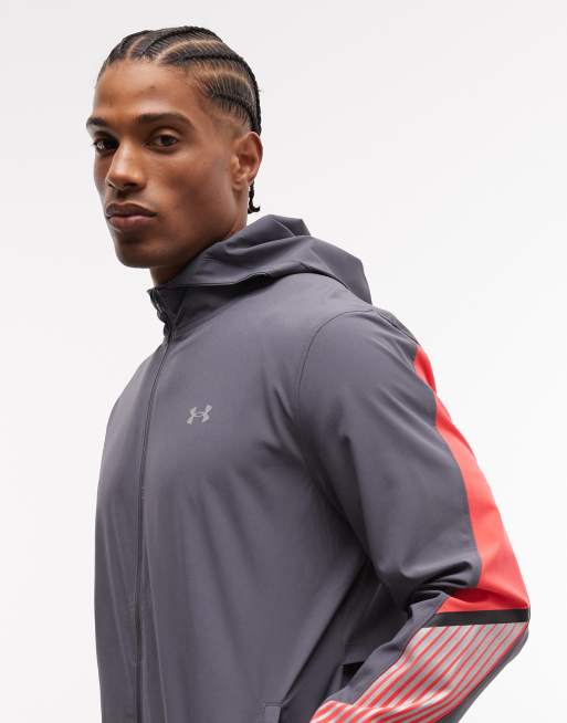 Under Armour Velociti Storm hooded running jacket in castlerock grey and racer red, 4 of 5