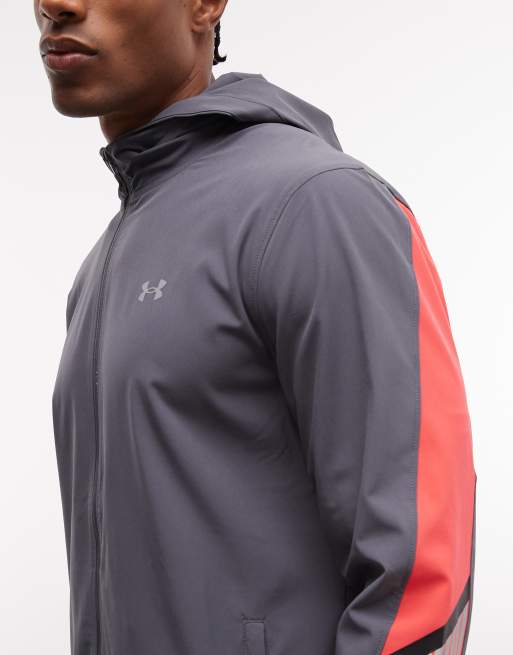 Under Armour Velociti Storm hooded running jacket in castlerock grey and racer red, 5 of 5