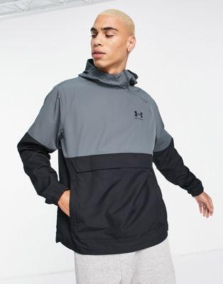 Under Armour woven pullover hoodie in black and grey colourblock