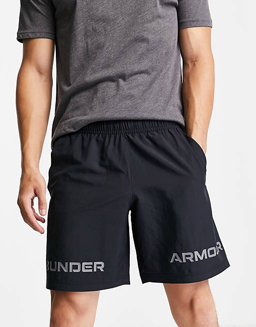 Men Under Armour woven split logo shorts in black 