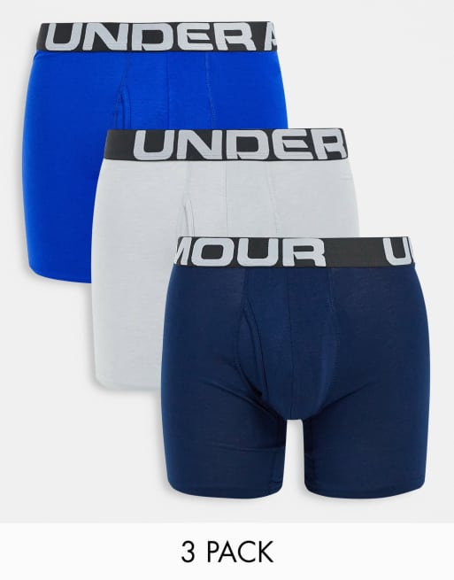 Under Armour – Zestaw 3 par bawełnianych bokserek o długości 6 cali w kolorach szarym i niebieskim