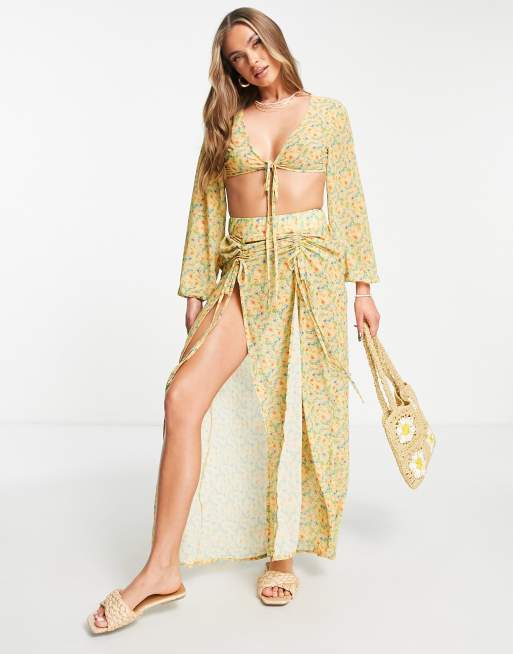 Unique 21 beach crop top and maxi skirt in yellow floral | ASOS