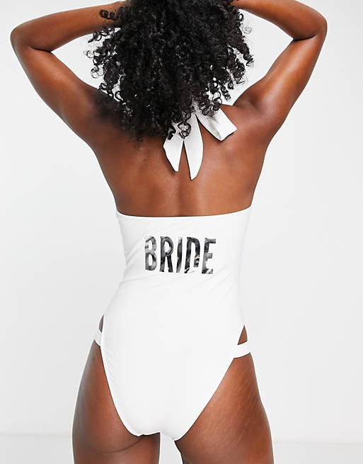 Unique 21 bridal halterneck cut out swimsuit in white