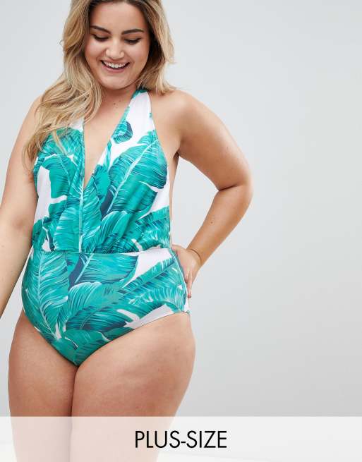 Unique 21 - Costume da bagno taglie comode con scollo profondo e stampa di palme