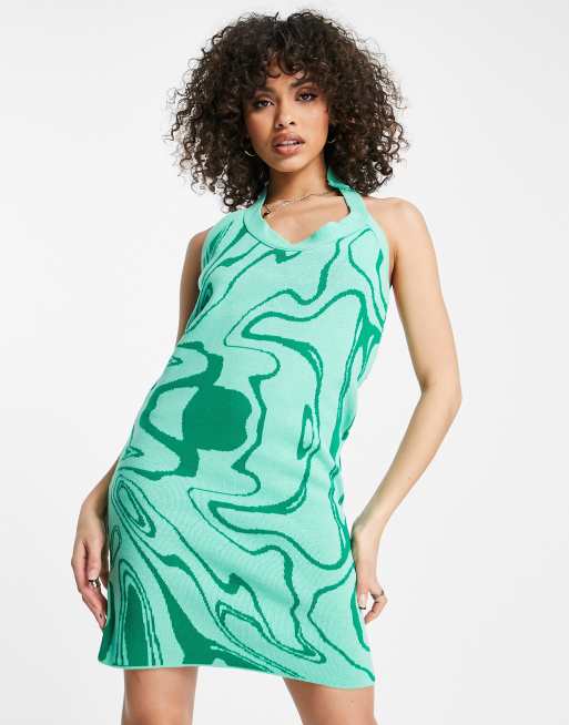 Unique 21 - Gebreide mini-jurk met groene wervelprint