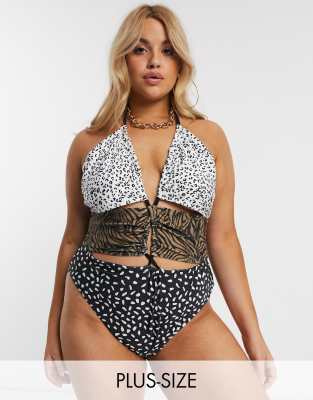 Unique 21 hero plus mixed print ruched halter swimsuit-Multi