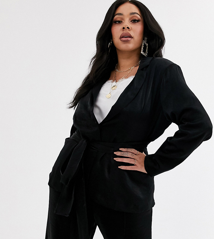 Unique 21 Hero Plus relazed blazer with tie waist in shimmer co-ord-Black