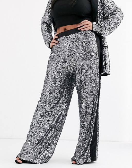 Unique 21 Hero Plus wide leg tuxedo trousers in sequin with contrast side seam co-ord