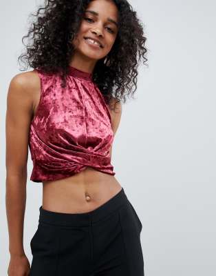 Unique 21 high neck velvet crop top-Red