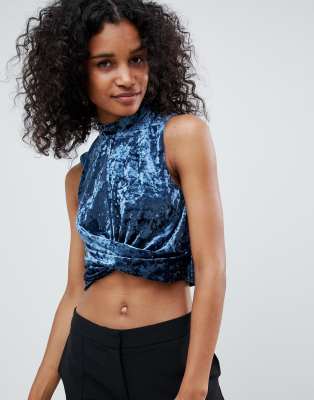 Unique 21 high neck velvet crop top-Blue