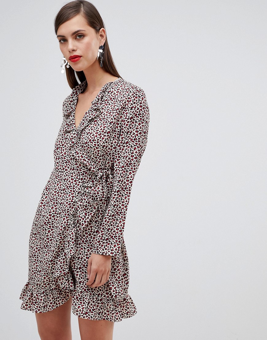 Unique 21 leopard print long sleeve wrap dress with frill-Multi