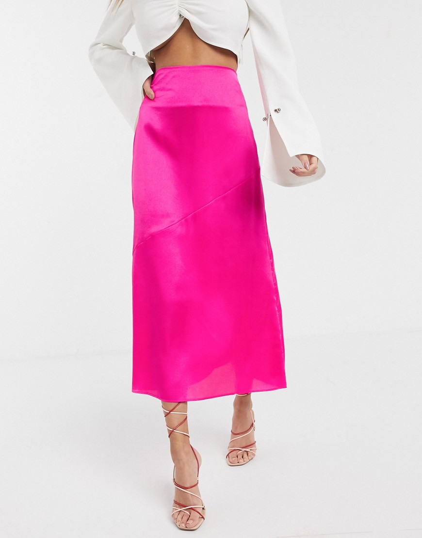 Unique 21 panelled satin midi skirt in pink