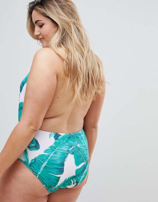 Unique 21 Plus Sive Plunge Front Palm Print Swimsuit, 2 of 4