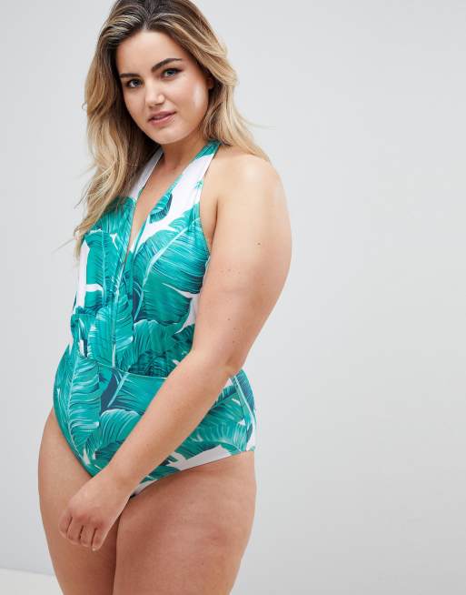 Unique 21 Plus Sive Plunge Front Palm Print Swimsuit, 4 of 4
