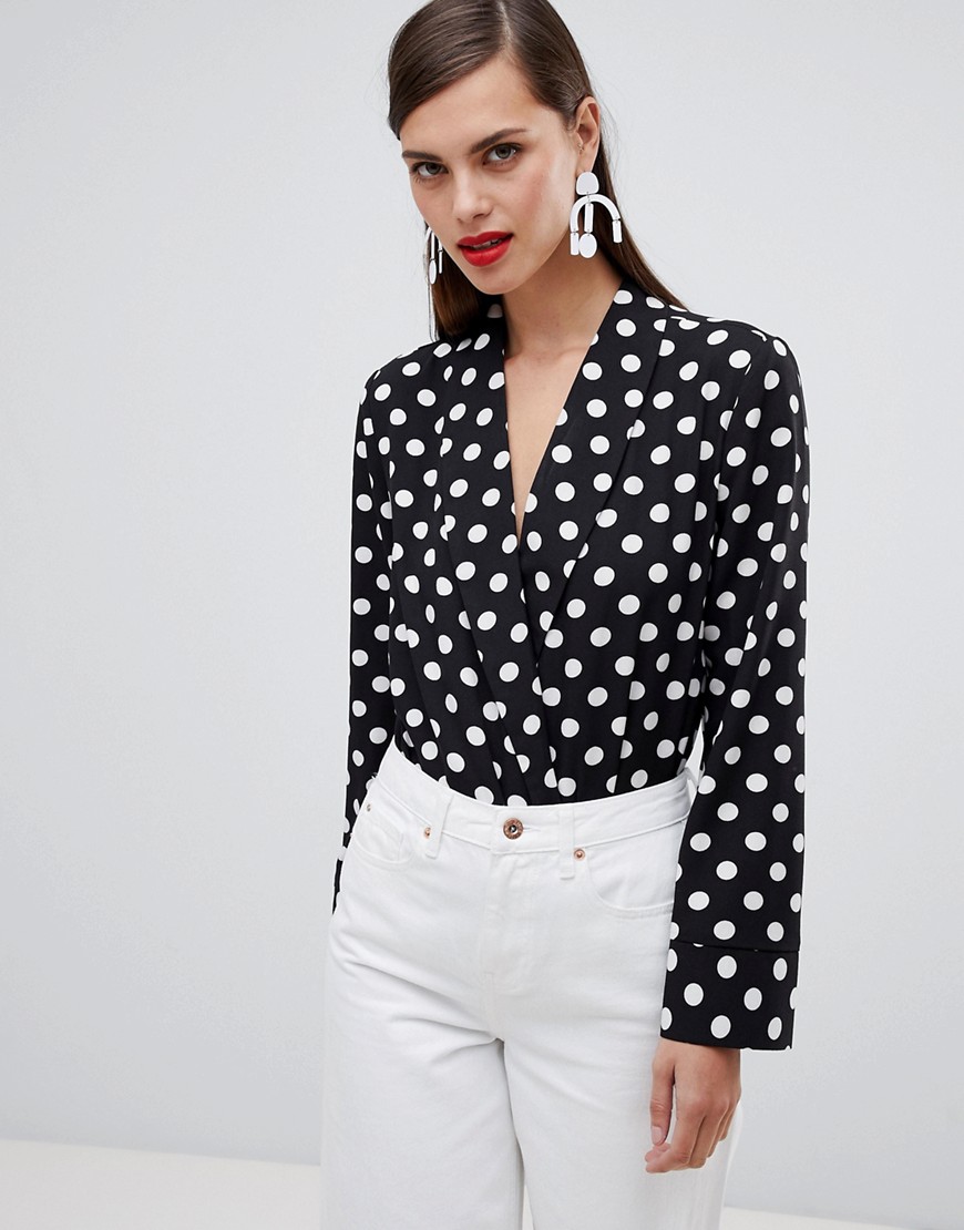 Unique 21 polka dot v neck bodysuit with collar-Multi