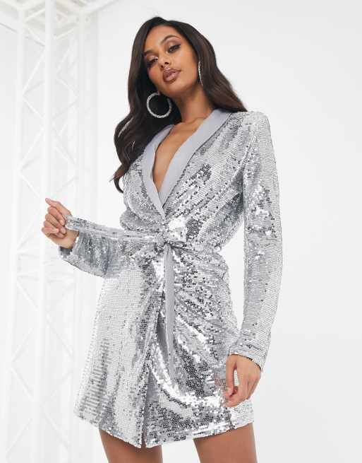 Unique 21 premium sequin blazer dress in silver | ASOS