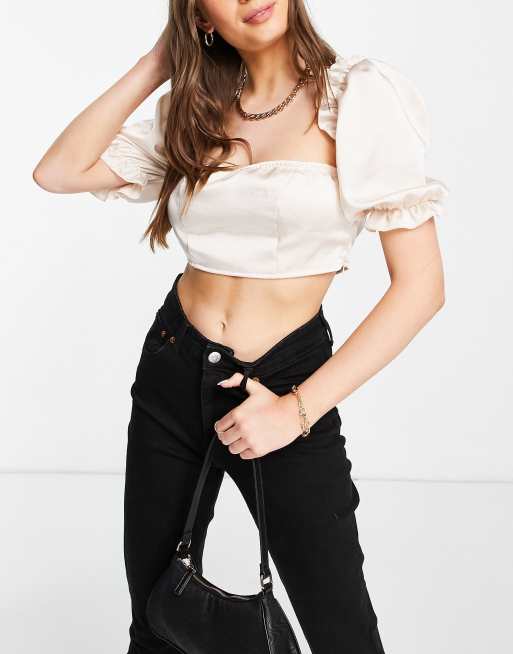 Unique 21 puff sleeve satin crop top in white - part of a set