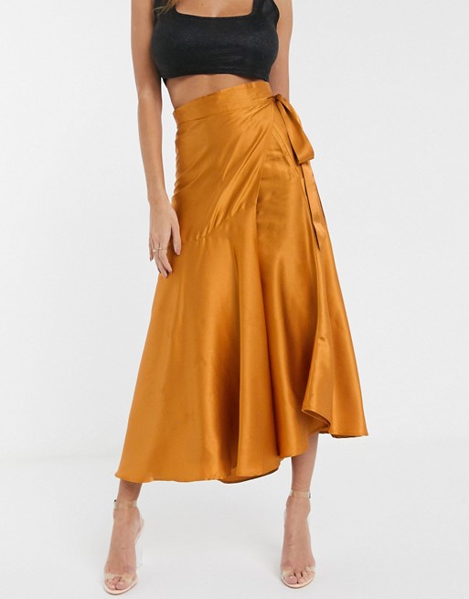 Unique 21 ruffle satin wrap skirt in rust