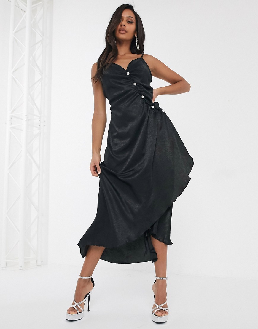 Unique 21 satin dress with diamante buttons in black