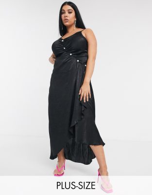 Unique 21 satin dress with rhinestone buttons in black UNIQUE21 Hero