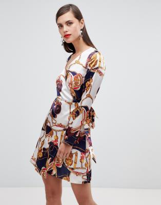 Unique 21 scarf print long sleeve wrap dress-Multi