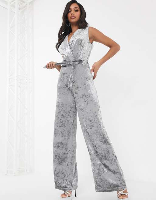 Unique 21 shimmer velvet jumpsuit in silver ASOS