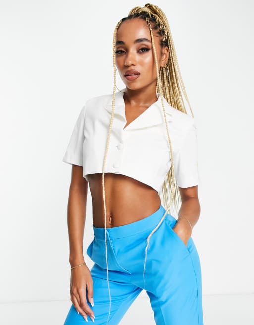 Unique 21 - Top corto stile blazer a maniche corte bianco in coordinato