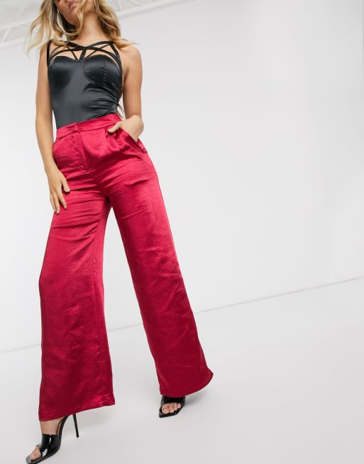 Red Satin High Waist Wide Leg Pants