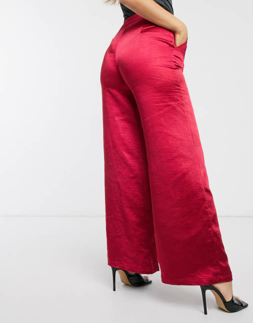 Red Satin High Waist Wide Leg Pants