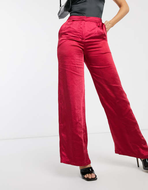 Wide-leg Satin Pants - Dark red - Ladies