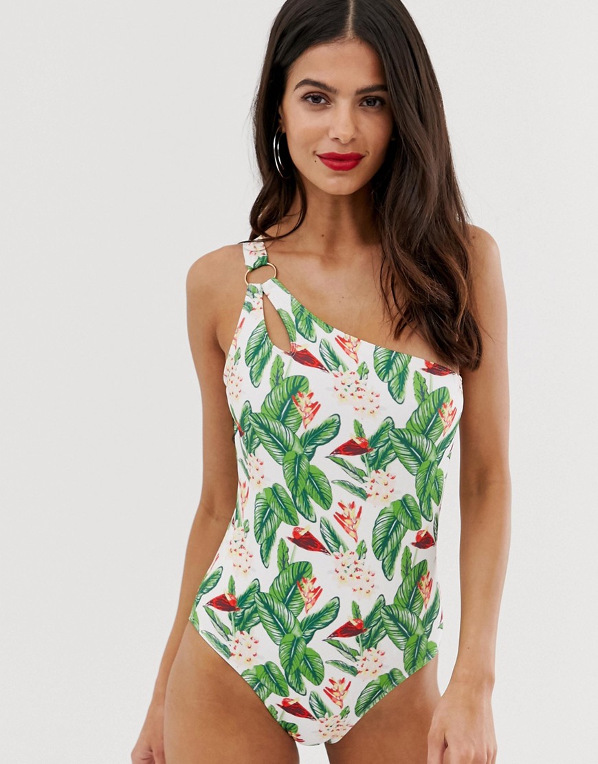 Unique21 asymmetric swimsuit with cut out tropical print-Multi