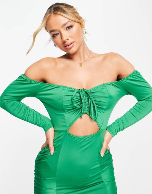 Unique21 – Bardot-Kleid in Grün mit Zierausschnitt, 4 von 4