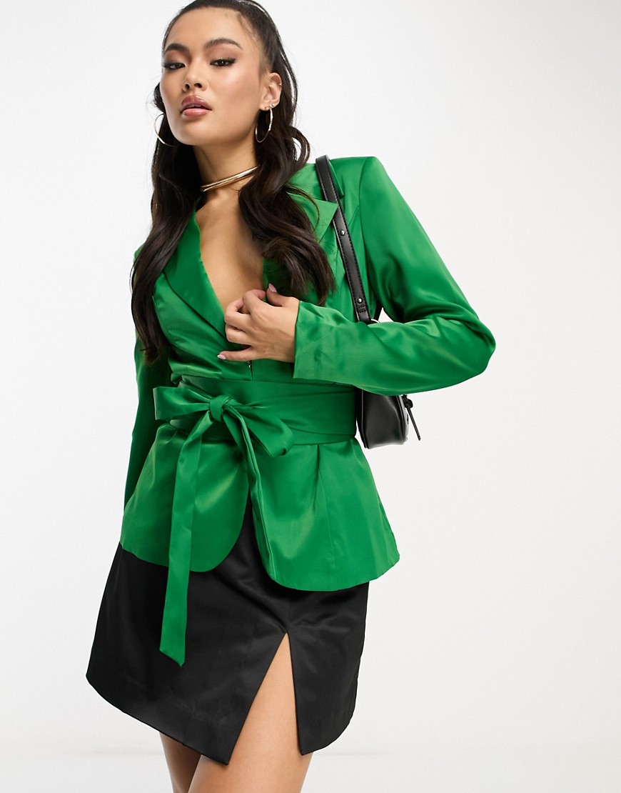 Unique21 belted corset satin blazer co ord in bright green