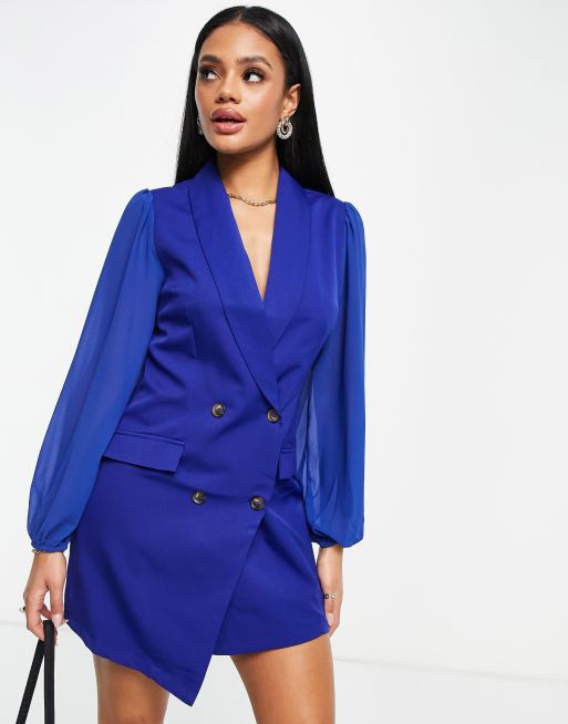 Unique21 blazer dress with puff sleeves in navy | ASOS