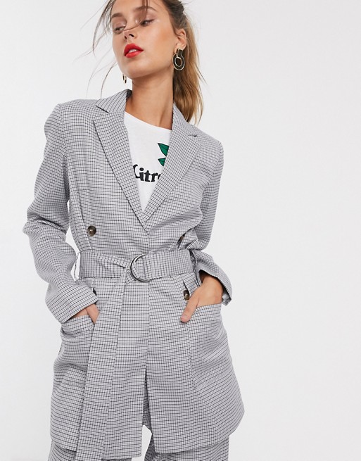 Unique21 check belted D ring blazer