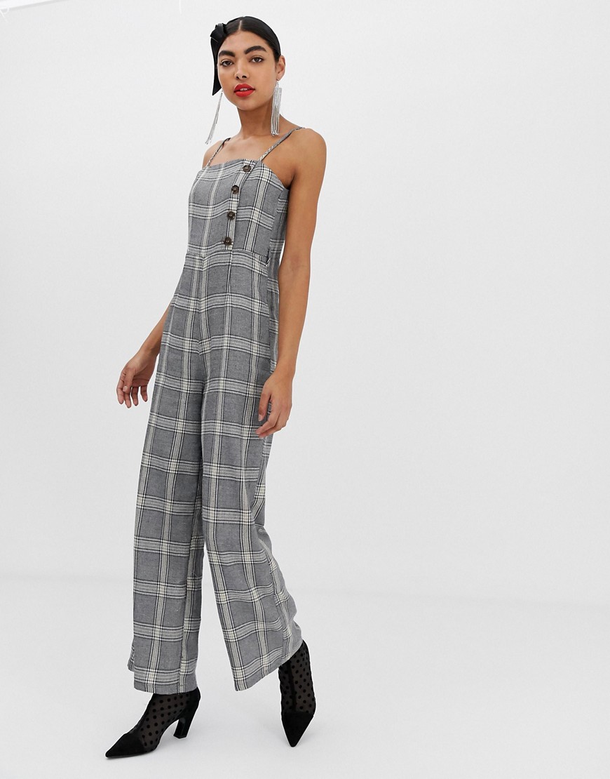 Unique21 checked jumpsuit with buttons and waist belt-Grey