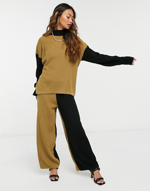 Unique21 colour block knitted trousers in Black & Camel