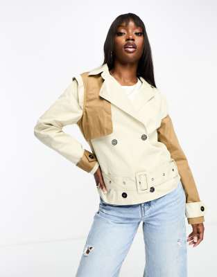 Unique21 contrast cropped trench jacket in beige-Neutral