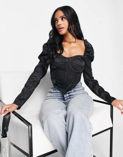 Unique21 - Crop top d'ensemble structuré style corset en satin - Noir