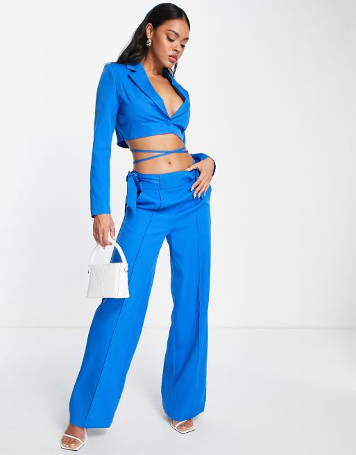 Blue Polyester Co Ords Crop Top And trouser set with formal pant