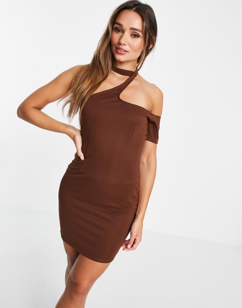 Unique21 cut out one shoulder mini dress in chocolate brown