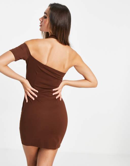 Unique21 cut out one shoulder mini dress in chocolate brown, 3 of 4
