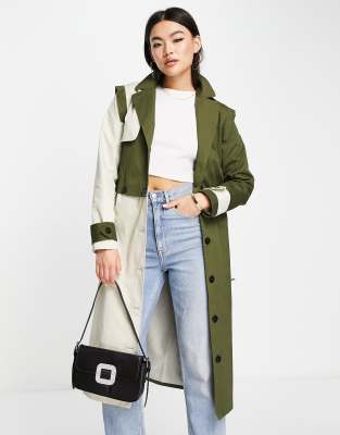 Unique21 detachable contrast trench coat in beige and khaki-Neutral