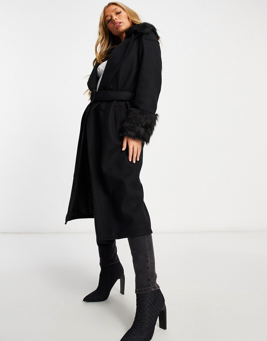 Unique21 faux fur belted coat in black