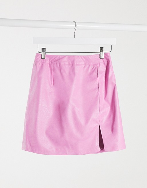 Unique21 faux leather mini skirt with split in hot pink