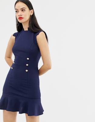 Unique21 frill hem dress with button detail-Navy