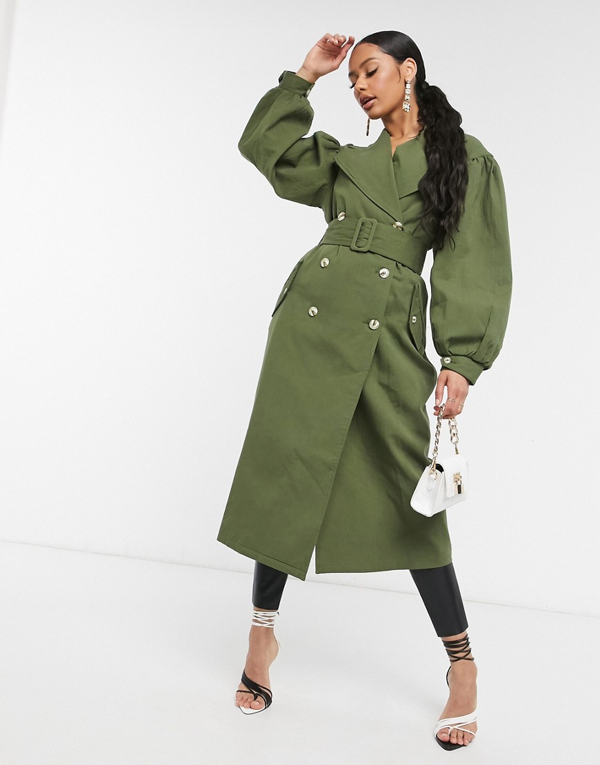 Unique21 full sleeve trench coat in khaki-Green